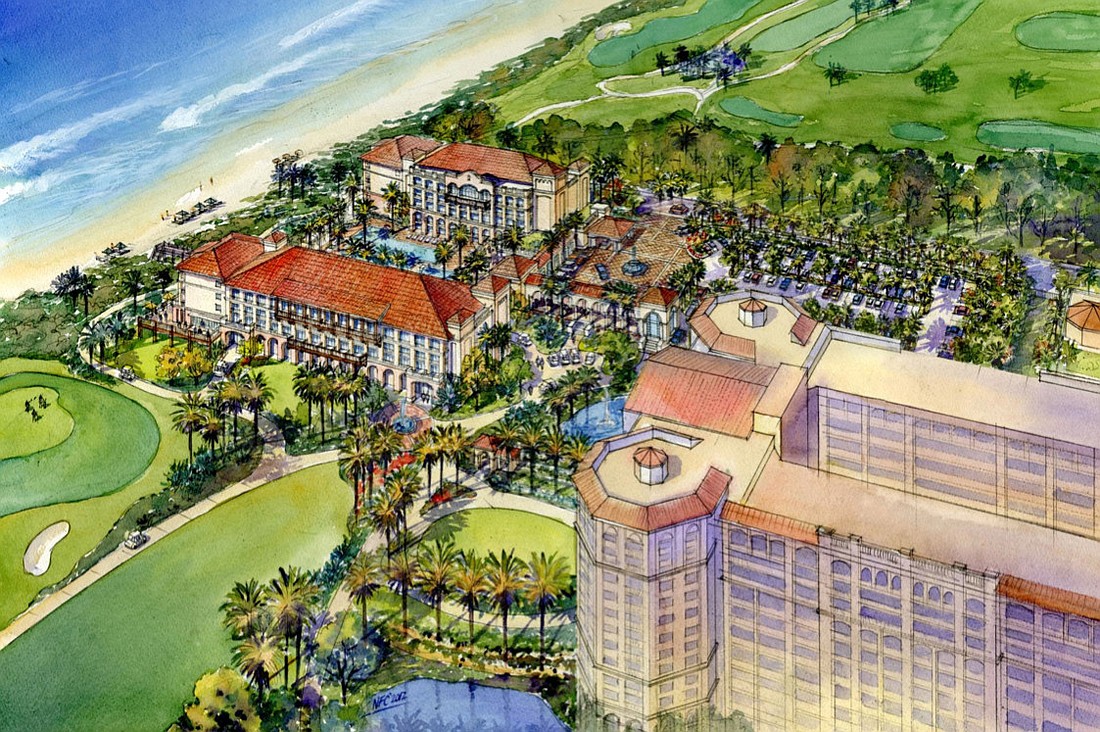 The proposed new building, shown in the left side of this rendering included in Planning Board documentation, would contain luxury rooms larger than those offered by competing resorts.