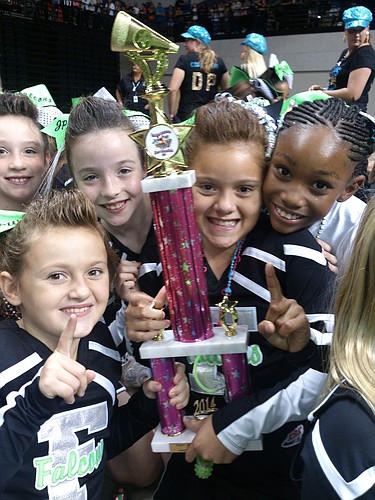 The Pee Wee Flagler Falcons cheerleaders won first place om their cheerleading competitions.