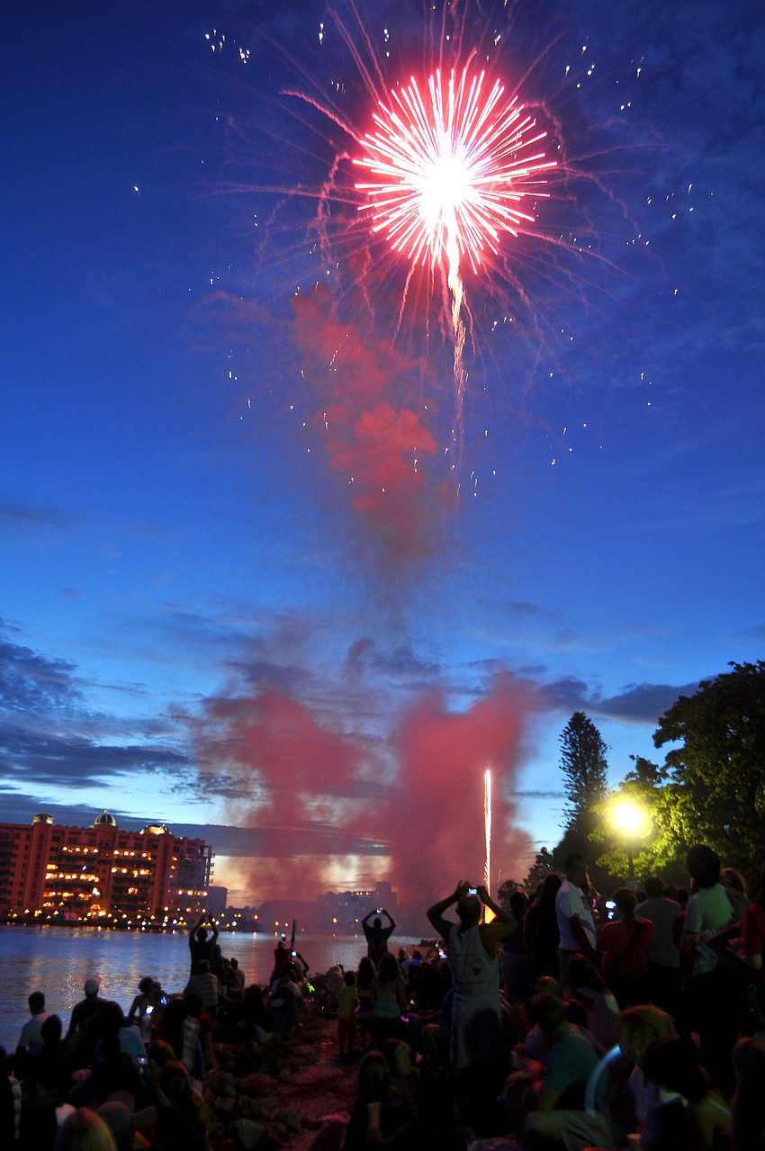 People watch and take photos of some of the first fireworks of the Bayfront Fireworks Spectacular Monday, July 4 at Island Park.