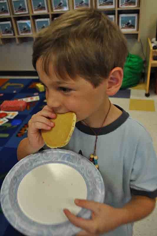 Joshua Schwab, 6, could not resist a fresh pancake.