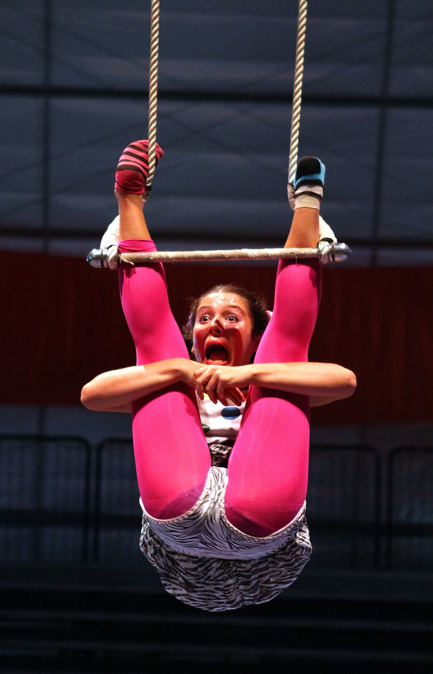Gabrielle Ment, of Acrobrats from New York, NY, performed a comedic trapeze act Thursday, Aug. 18 inside the PAL Sailor Circus Arena.