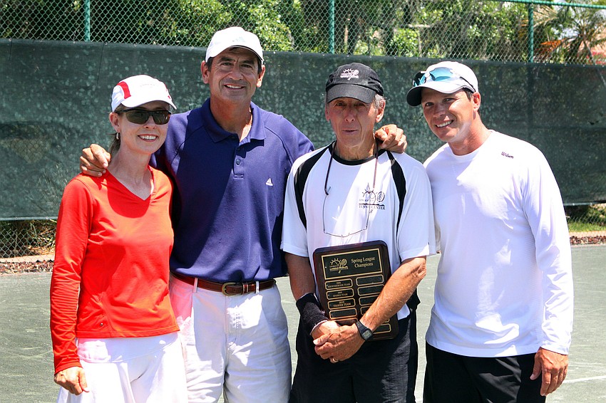 Team captains and tennis pros Kay Thayer, Dave Sparks, John Mrachek and Claudiu Retean pose together Wednesday, April 27 after the Longboat Key Tennis Center's 2011 Spring League championships.
