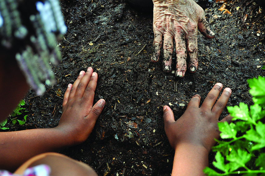 Donna Noel gets some help planting watermelon seeds from Sanija Platt, 9, Wednesday, June 23 over at the Orange Blossom Community Garden.
