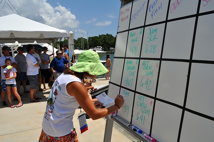 Jennie Shumway keeps track of which team is in what place Saturday, August 6 during the Sarasota Slam weigh-in at Marina Jackâ€™s.