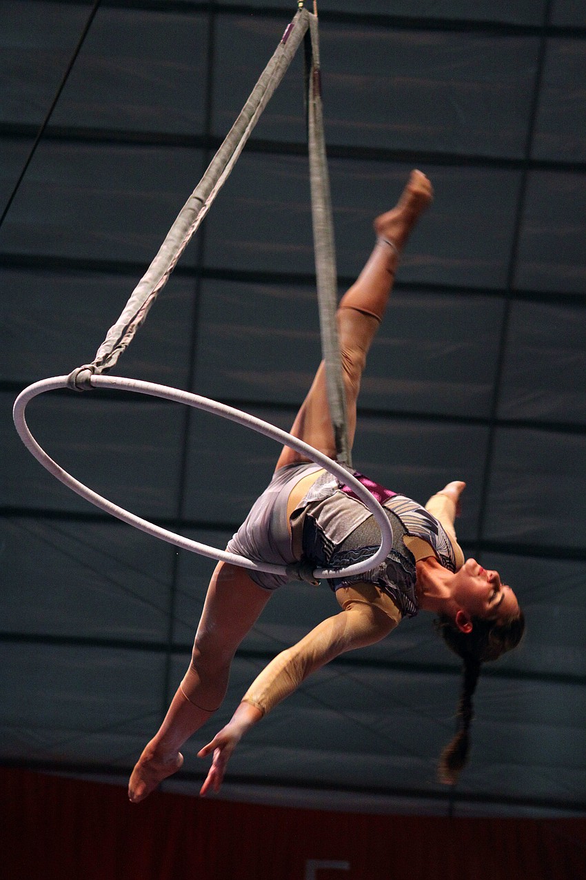Greylin Nielsen of Circus Smirkus of Greensborough, VT performed an aerial hoop act in the American Youth Circus Organizationâ€™s showcase performance Thursday, Aug. 18 inside the PAL Sailor Circus Arena.