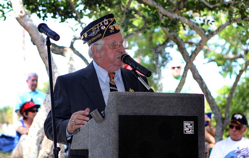 Sonny Bywaters, American Legion Post 30, speaks to the crowd Monday, May 30 at the Honoring Our Fallen Heroes Memorial Day ceremony that took place following the parade.