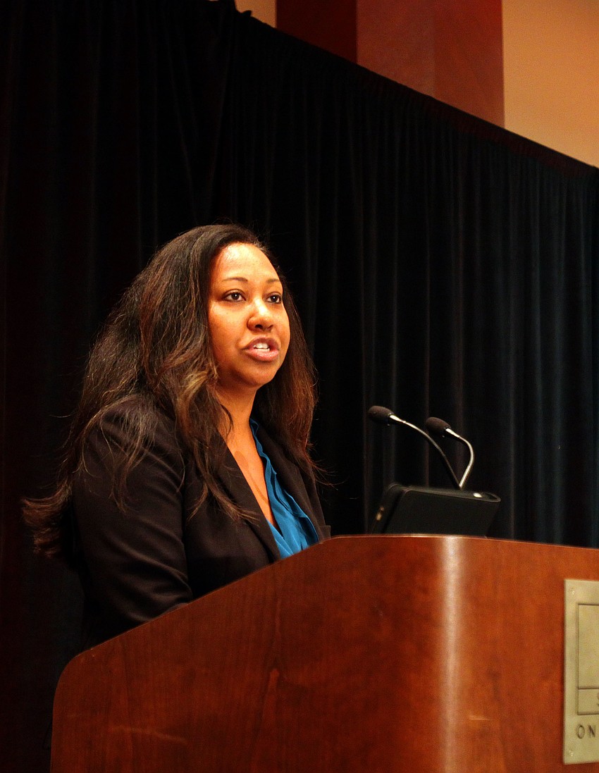 The Hon. Rochelle T. Curley, the Honorary Chair, speaks to the crowd Saturday, Aug. 20 during the 91st Anniversary Celebration For Womenâ€™s Equity at the Hyatt Regency Sarasota.