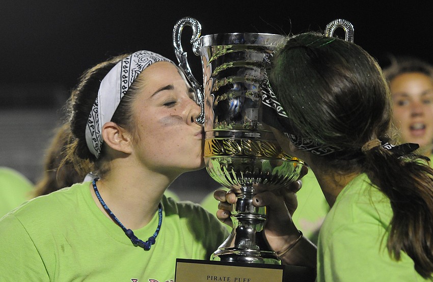 Taylor Nardone and Kenzie Basilone celebrate after seniors' victory over the sophomores.
