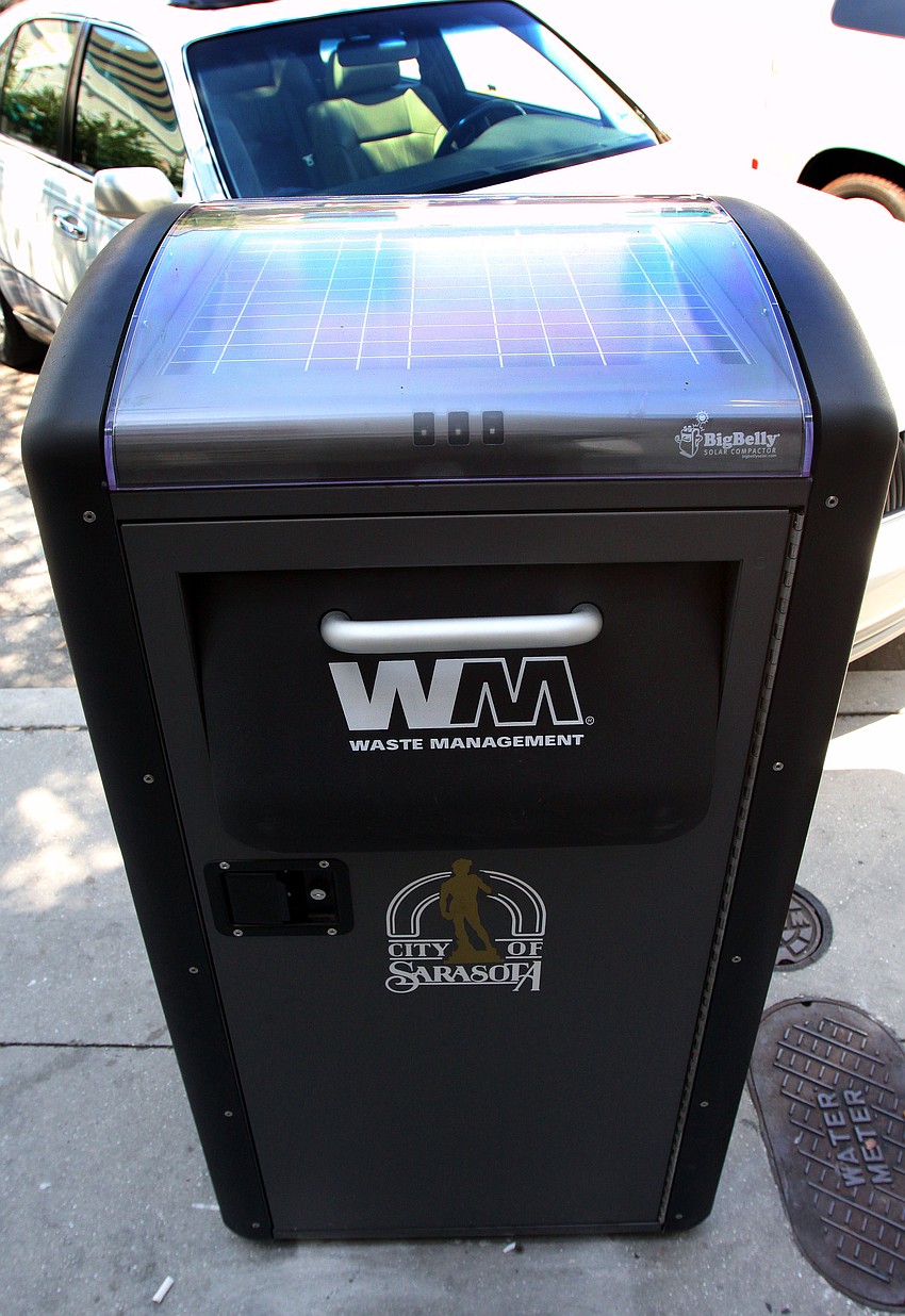 Solar panels are on the top of the new waste disposal contraption on Main Street.