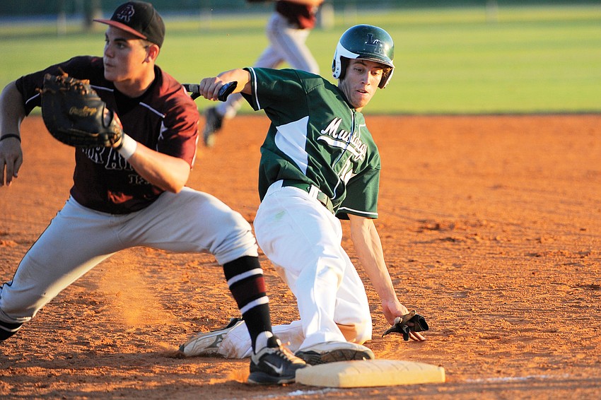 Lakewood Ranch senior Andrew McNett gets safely back to first base.