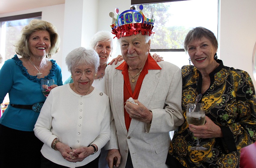 Merle Chorba, Bernice Ferst, Jaye De Forest and Barbara Belsito surround the birthday boy, Walter Derdeyn, at his 100th birthday party Friday, May 6 at the Regency House.