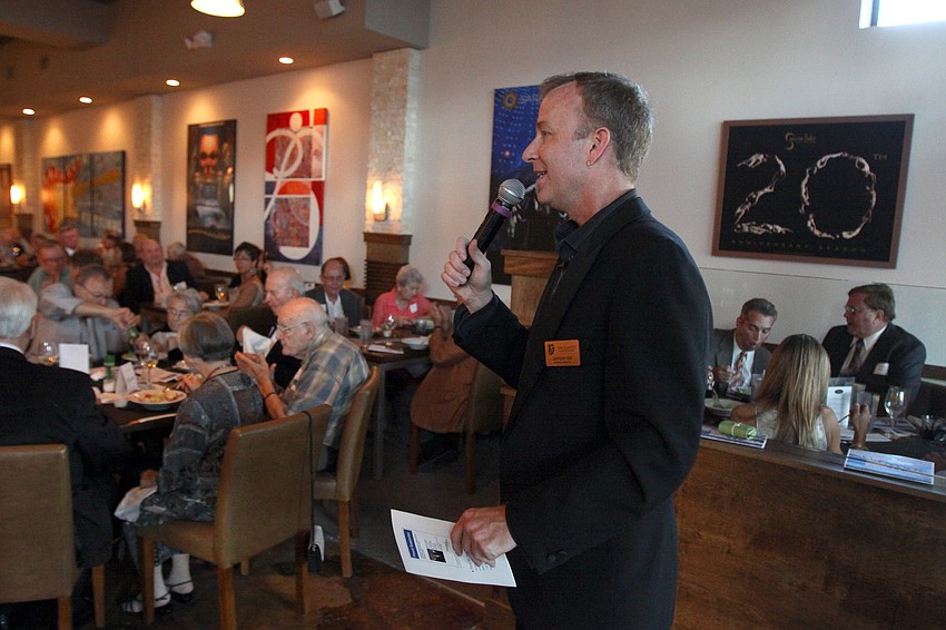 Jeffery Kin, the artistic director at the Players Theatre, speaks to the crowd Saturday, May 7 during the private gala for The Players Theatre at the new Patrick's 1481.