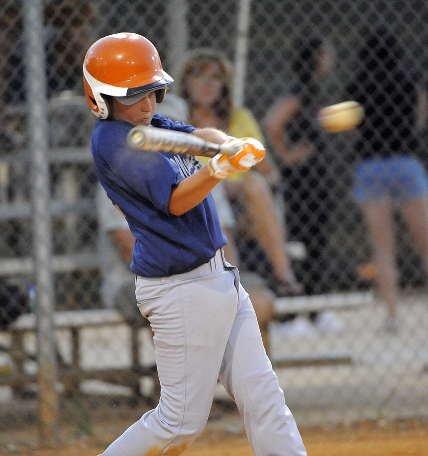 Nick DiMare makes contact during the Manatee East Rayhawks game versus Strike Zone May 25.