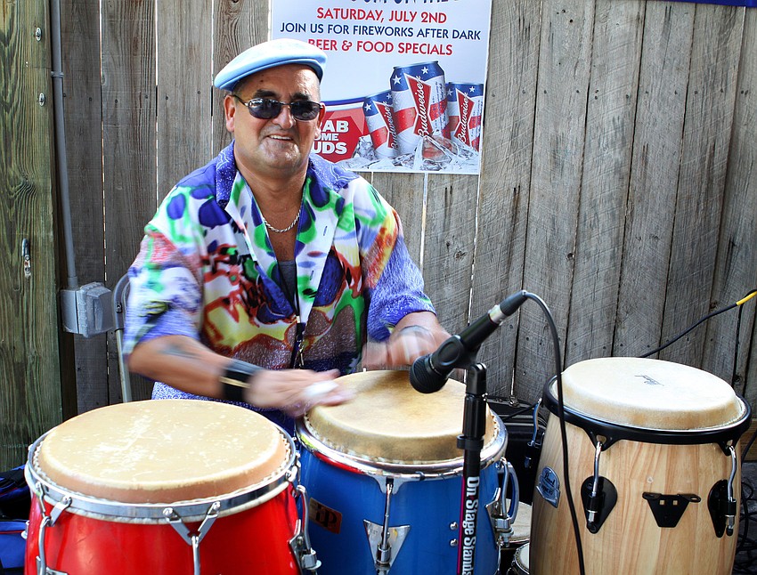 Einstein Amaro played some patriotic colored conga drums Saturday, July 2 at Mar Vista.