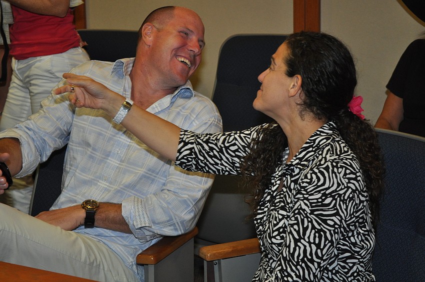 Stephen Gardner and Tracy Fox get a good laugh when the students find teacher Sean McDonald guilty of stealing the Banyan tree.