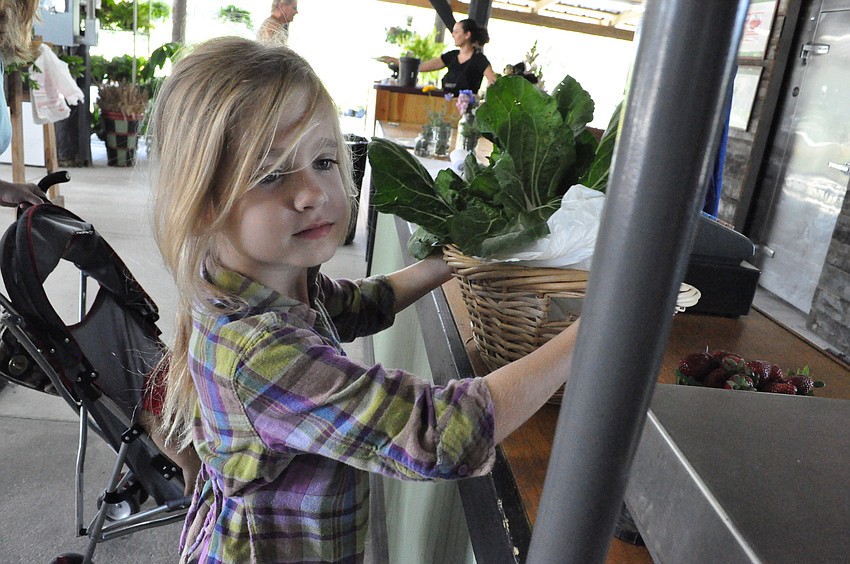 Madilyn Frick, 7, carried her family's bok choy, onion, peppers and lemons to the checkout counter.