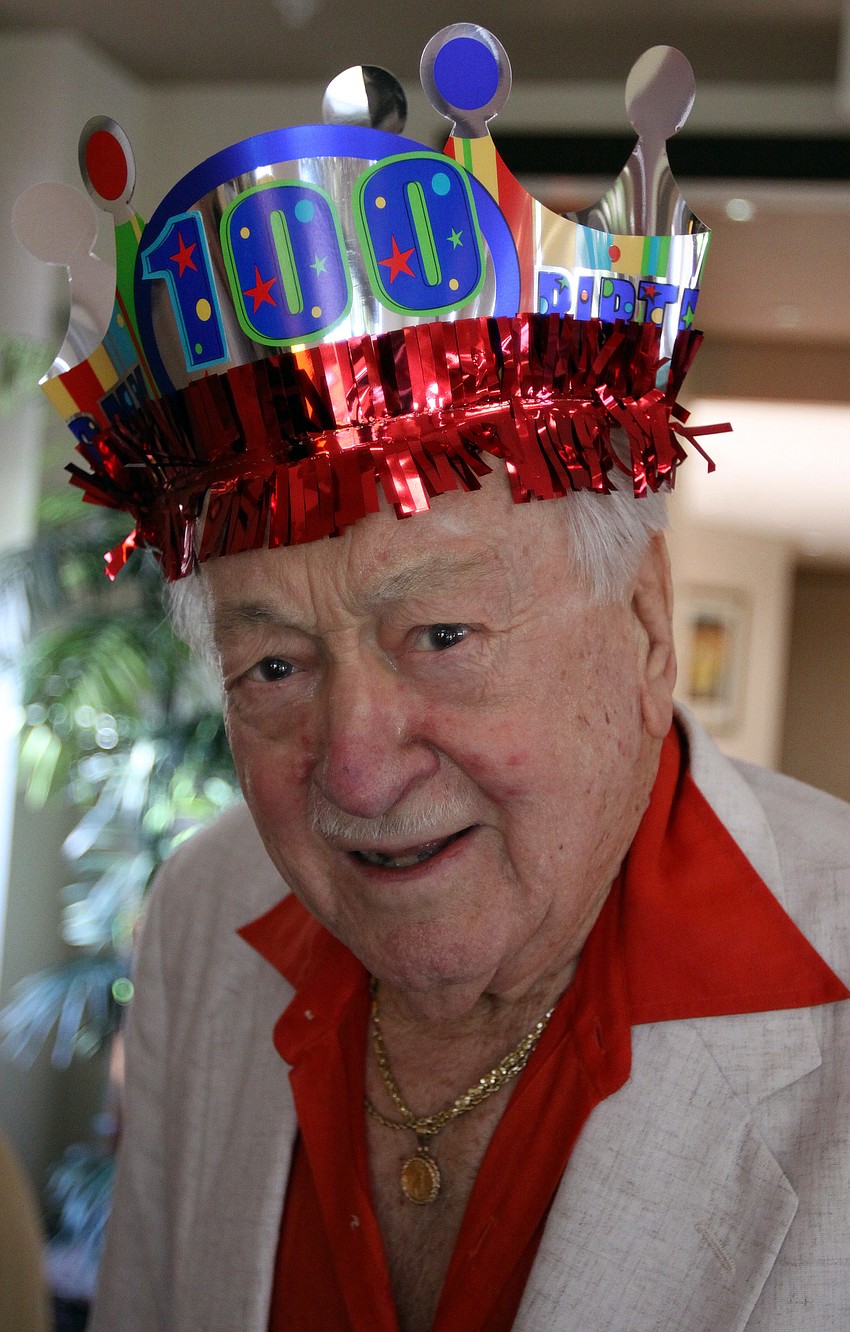 Walter Derdeyn wears a fun hat at his 100th birthday party Friday, May 6 at the Regency House.