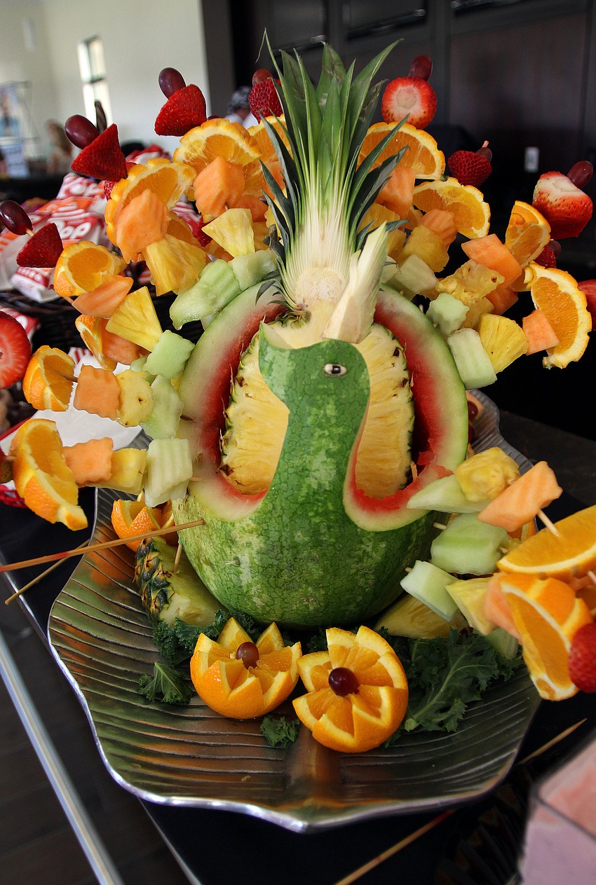 A watermelon was sculpted into a bird with fruit shish kabobs as the feathers at the 2011 National Tourism Week Awards ceremony Thursday, May 12, at Ed Smith Stadium.