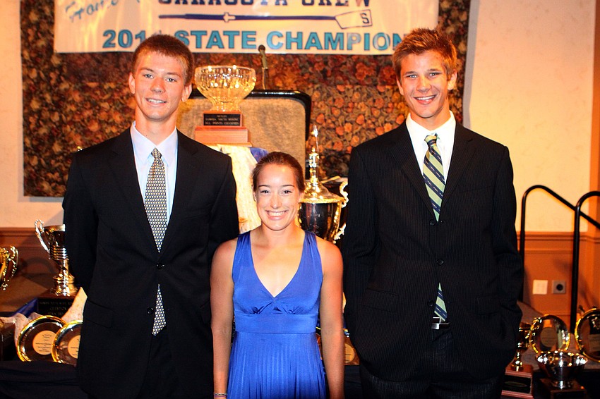 Senior captains Joshua Schmidt, Marissa Beling and Hunter Leeming pose together at Sarasota Crew's Night of The Stars Sunday, May 22 at Michael's on East.