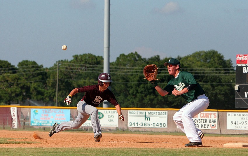 Riverview player Jared Mercer runs back to first base after trying to steal second during a summer game against Venice High School on Monday, June 13 at Twin Lakes.