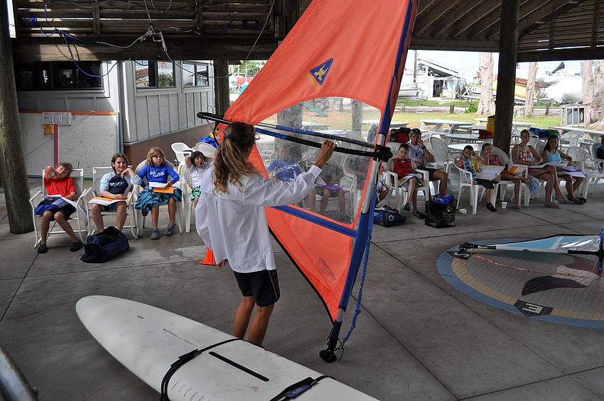 Laurel Kaiser goes over the proper terms that the kids need to know when it comes to rigging their wind surfing equipment Friday, July 8 during the Island Style Water Sports Camp.