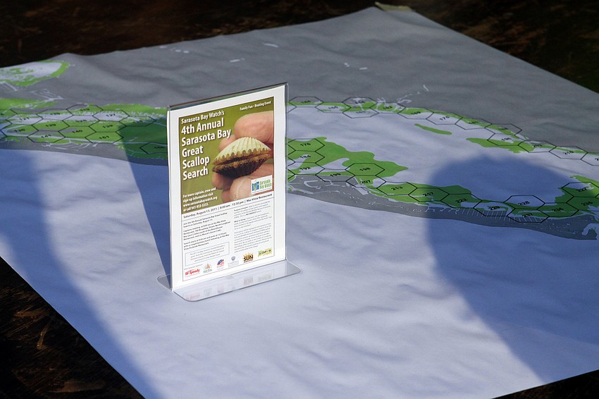 A map of the bay was broken down into green hexagons and each boat and kayak was assigned to a specific location to look for scallops.