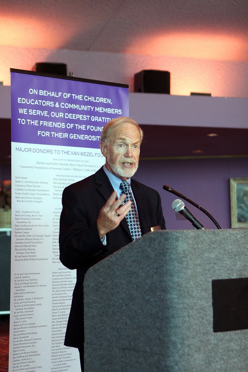 Norman Olshansky gives the concluding remarks at the 10th Annual Education Celebration Friday, April 29 at Van Wezel Performing Arts Hall.