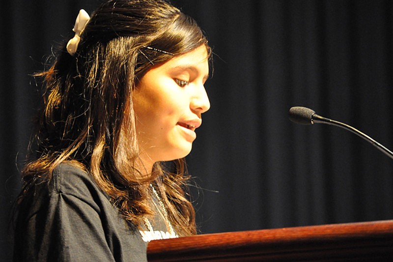 Elisa Perales of Sugg Middle School was one of four students to speak about their experience.