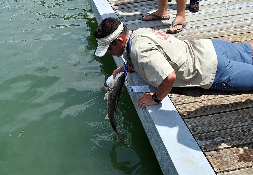 Matt Bower shows a live release of the red fish his team caught during the Sarasota Slam.