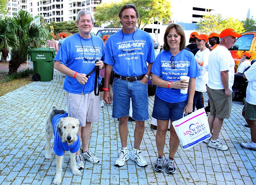 Sarge Glanton, Roger King and Brenda McMillen, along with Glanton's dog, Daisy, get ready to walk in the Walk MS Sarasota on Saturday, March 19, at J.D. Hamel Park.