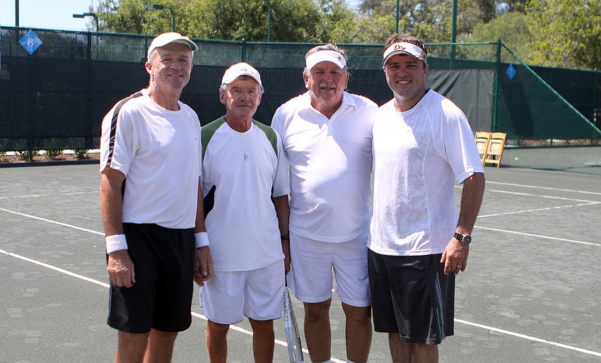 Jim Long and Ken Gorman pose with Tom Cail and Tom Cail Friday, April 22 during the Lunch Bunch All-Star Children's Foundation fundraiser at the Longboat Key Club Tennis Gardens. The Cail's won the match against Long and Gorman.