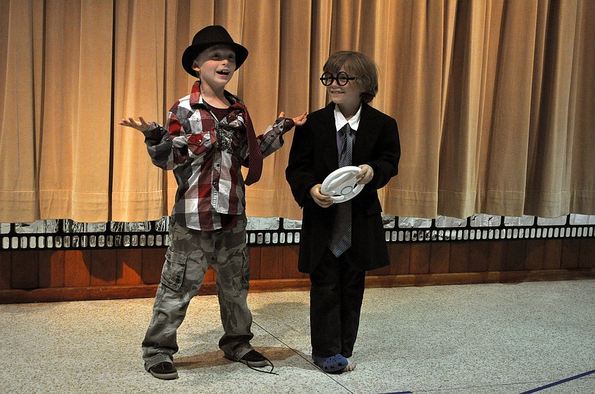Colin Stroble, as Sir Mojo, and Caspian Campaigne, as Sir Smarty Pants, make the audience laugh Friday, June 24 during the Drama Kids Playhouse camp show day at the First Congregational United Church of Christ.