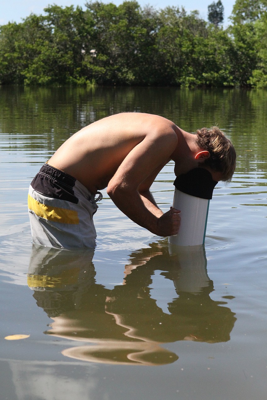 Chris Wetzig tries using the Aqua-Scope for the first time Saturday, July 30 out in the water by the Turtle Beach Community Center
