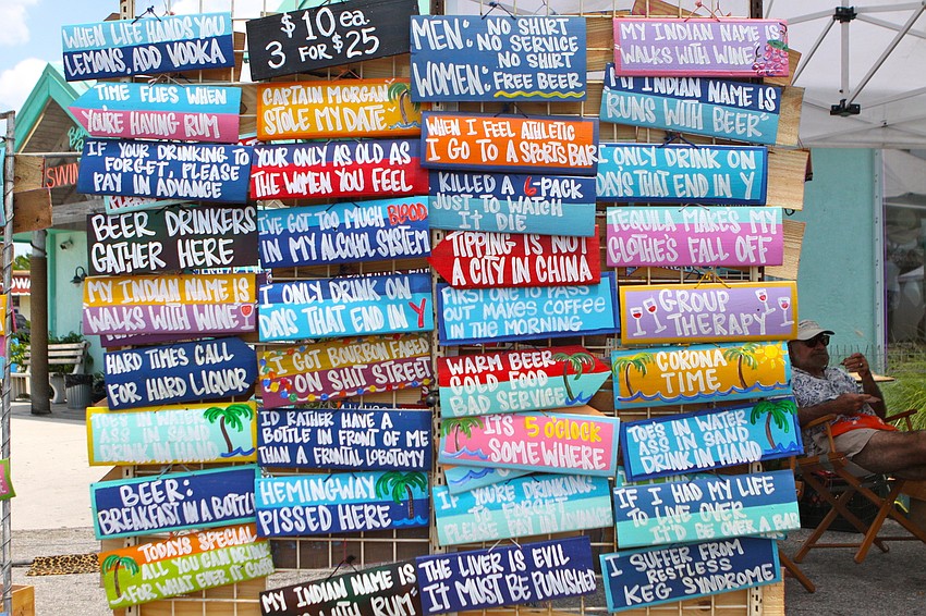 An array of signs with amusing messages such as,