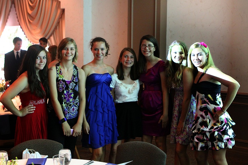 Middle school crew members Jamie Ross, Kara Delaney, Erin Schineller, Halle Belden, Hayley Price, Linnet Berna and Courtney Astore pose together at Sarasota Crew's Night of The Stars Sunday, May 22 at Michael's on East.