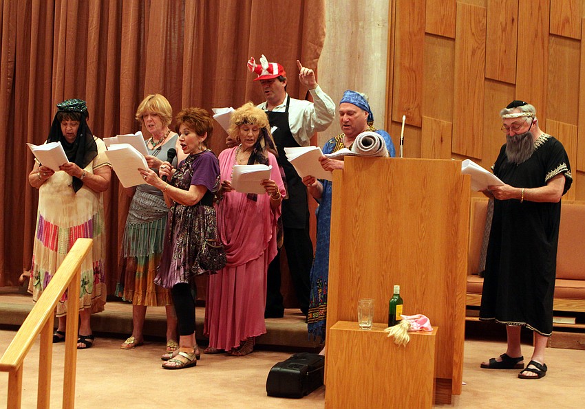 Elana Gordon, Sheila Zinder, Judy Goldstein, Lois Barson, Rabbi Jonathan Katz, Roger Goldstein, Earl Gordon were the cast of the Purim play on Saturday, March 19 at Temple Beth Israel.