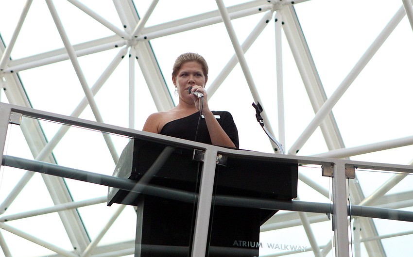 Molly Morgan, G. WIZ CEO, speaks to the crowd at the opening of the G. WIZ Faulhaber Fab Lab Thursday, May 5 at G. WIZ.
