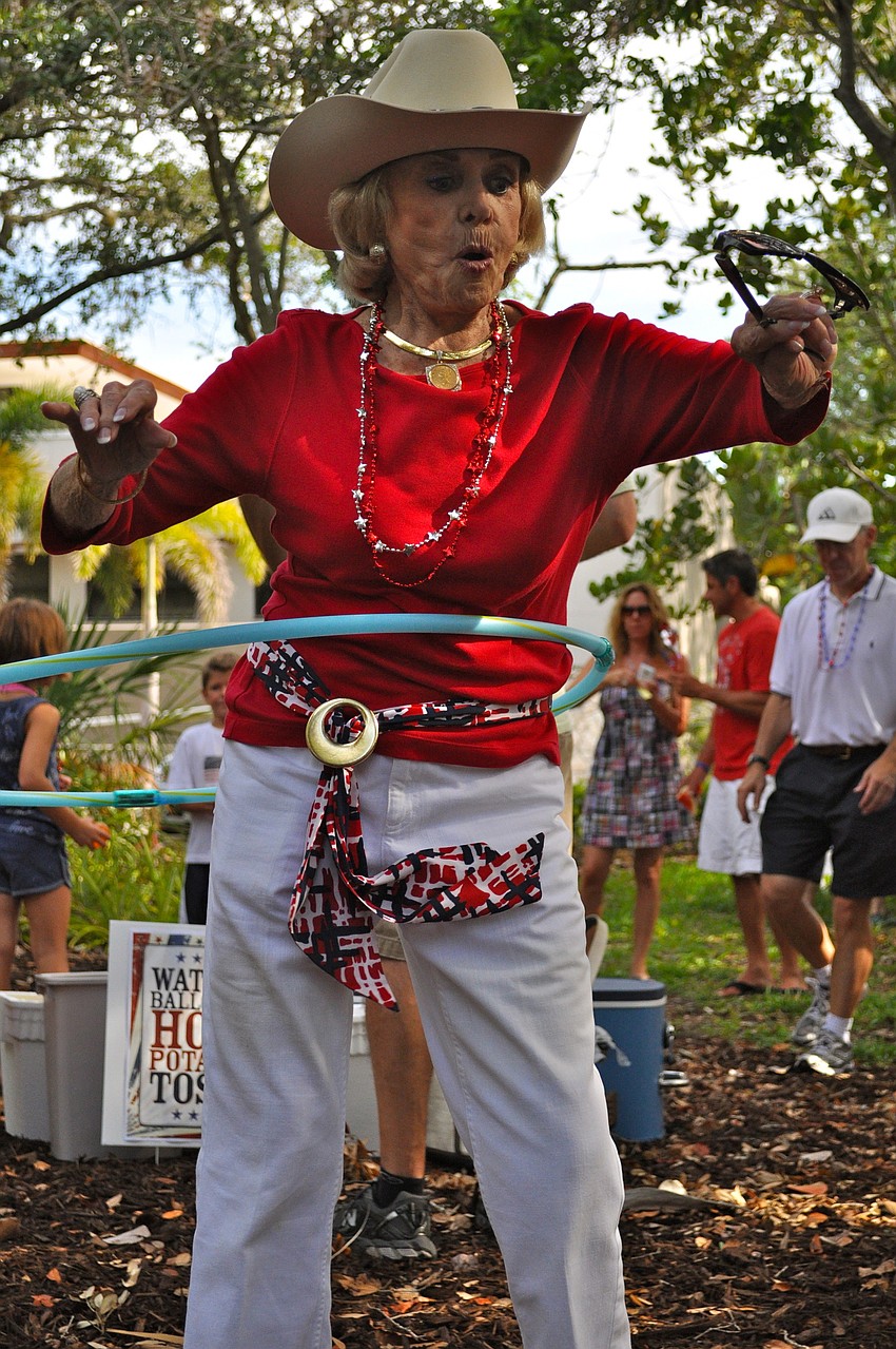 Edith Barr Dunn shakes her tailfeather in the hula hoop contest.