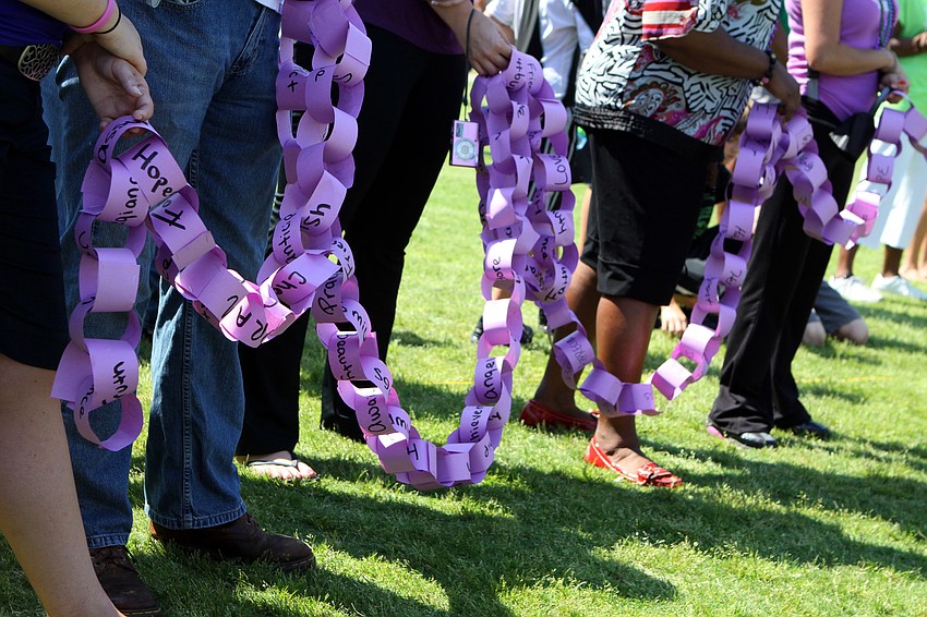 Bank of America's Relay for Life team made a purple, paper chain that attached to paper anchor that said 