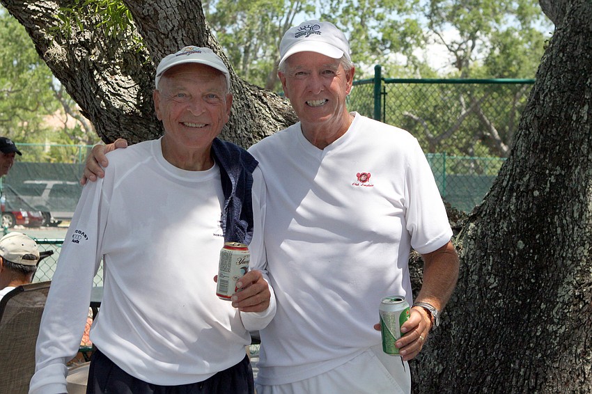 Winning doubles partners Jack Paterson and Jim Bakle pose together after their match Wednesday, April 27 during the Longboat Key Tennis Center's 2011 Spring League championships.