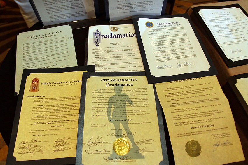 A variety of proclamations about Womenâ€™s Equity Day were on display for people to look at Saturday, Aug. 20 during the 91st Anniversary Celebration For Womenâ€™s Equity at the Hyatt Regency Sarasota.