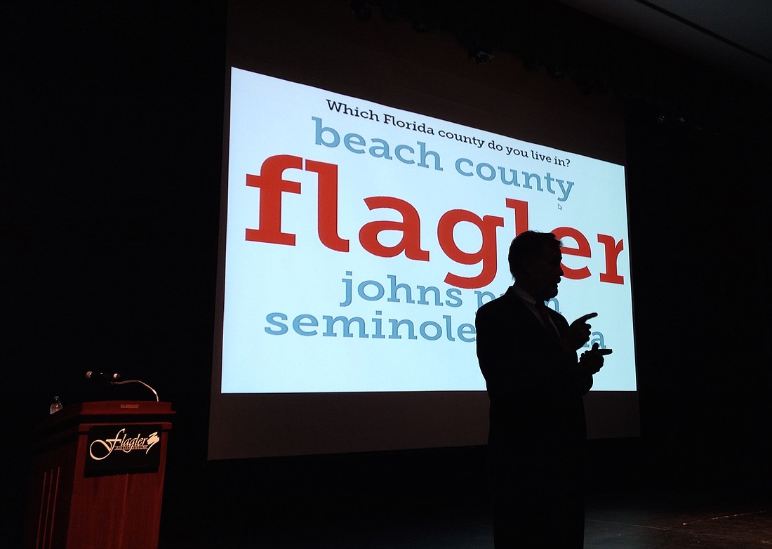 Dr. Jerry Parrish leads a town hall meeting at the Flagler Auditorium, as part of a $2 million statewide research effort. Photo by Brian McMillan