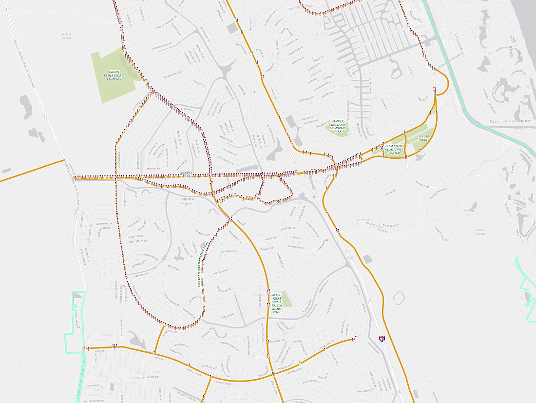 The red pins represent current city-funded street lights. The streets highlighted in gold are streets that would be part of the Continuous Lighting Program (Courtesy of the city of Palm Coast)