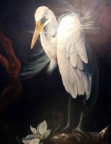 €‹"The Bride" Original Acrylic by Lorraine Millspaugh. The artist's opening reception for "Aquatic Birds in Motion" will be on display at the five-year anniversary of Ocean Art Gallery. Photo courtesy of Frank Gromling