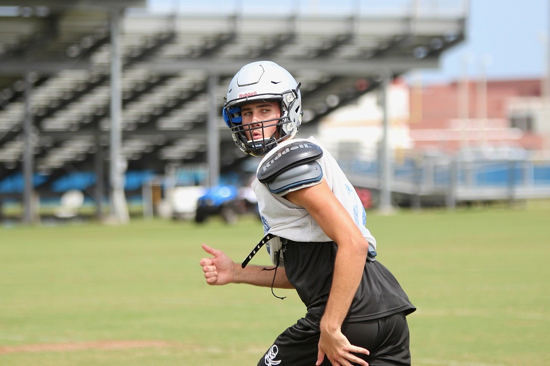 Matanzas High School football player Jacob Miley runs a route at practice. Photo by Ray Boone