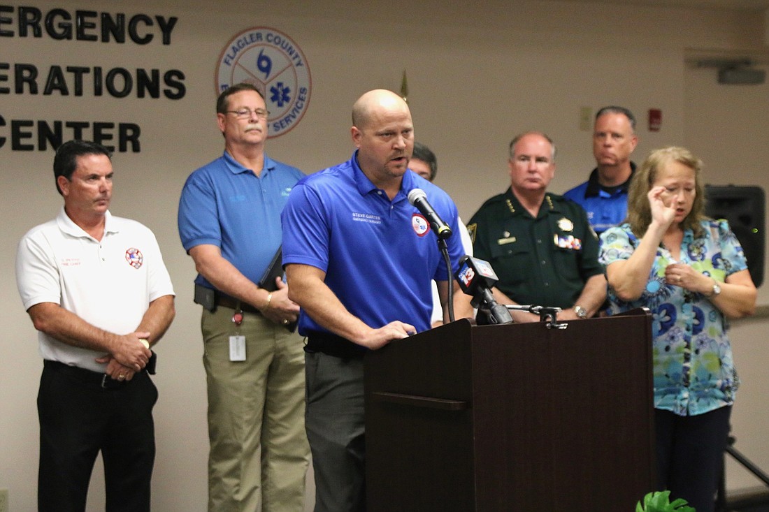 Flagler County Public Safety Emergency Manager Steve Garten addresses the media at the Emergency Operations Center. Photo by Ray Boone