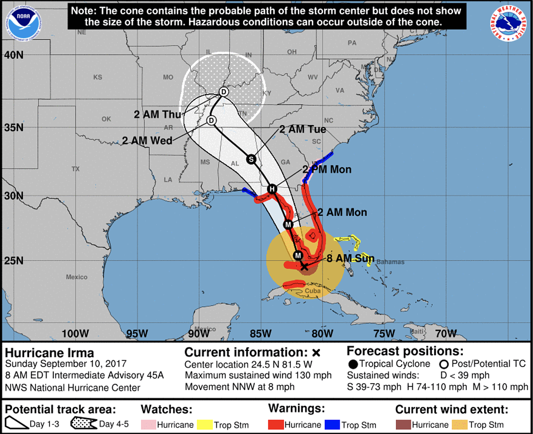 The National Hurricane Center 's track for Irma as of the morning of Sunday, Sept. 10.
