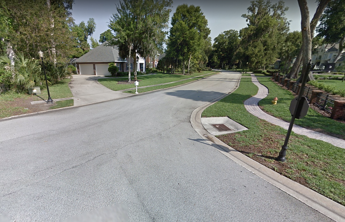 The dog was near the stop sign at right when it was shot. The man who shot it was in the driveway of the home at left. Image from Google Maps.