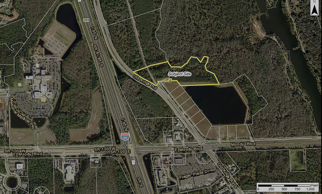 The land that will be rezoned is outlined in yellow. (Image courtesy of the city of Palm Coast)