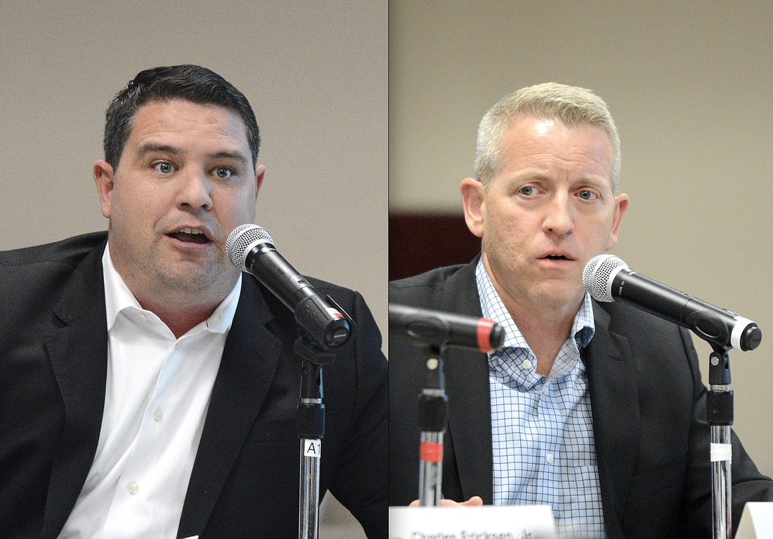 Sen. Travis Hutson and Rep. Paul Renner speak about vacation rentals during a Nov. 20 meeting with Flagler County officials and residents. (Photos by Jonathan Simmons)
